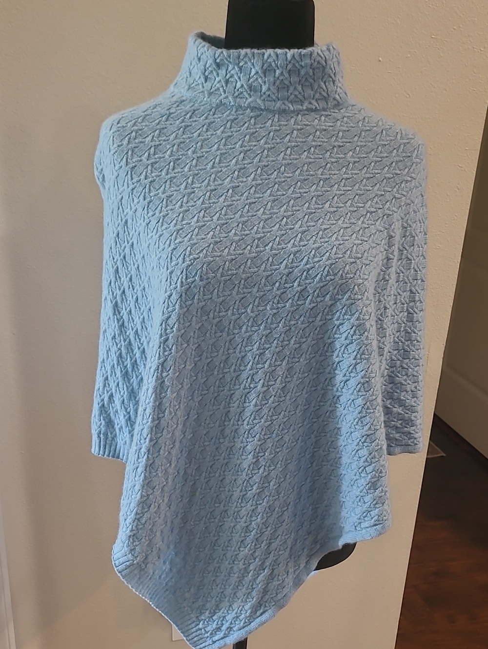 Kinross 100% Cashmere Light Blue Knit Poncho with Mock Neck Winter Warm